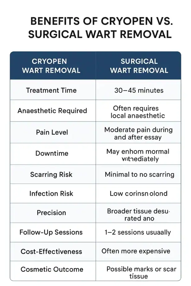 Table showing the benefits of cryopen to remove warts Barry compared to surgical treatment